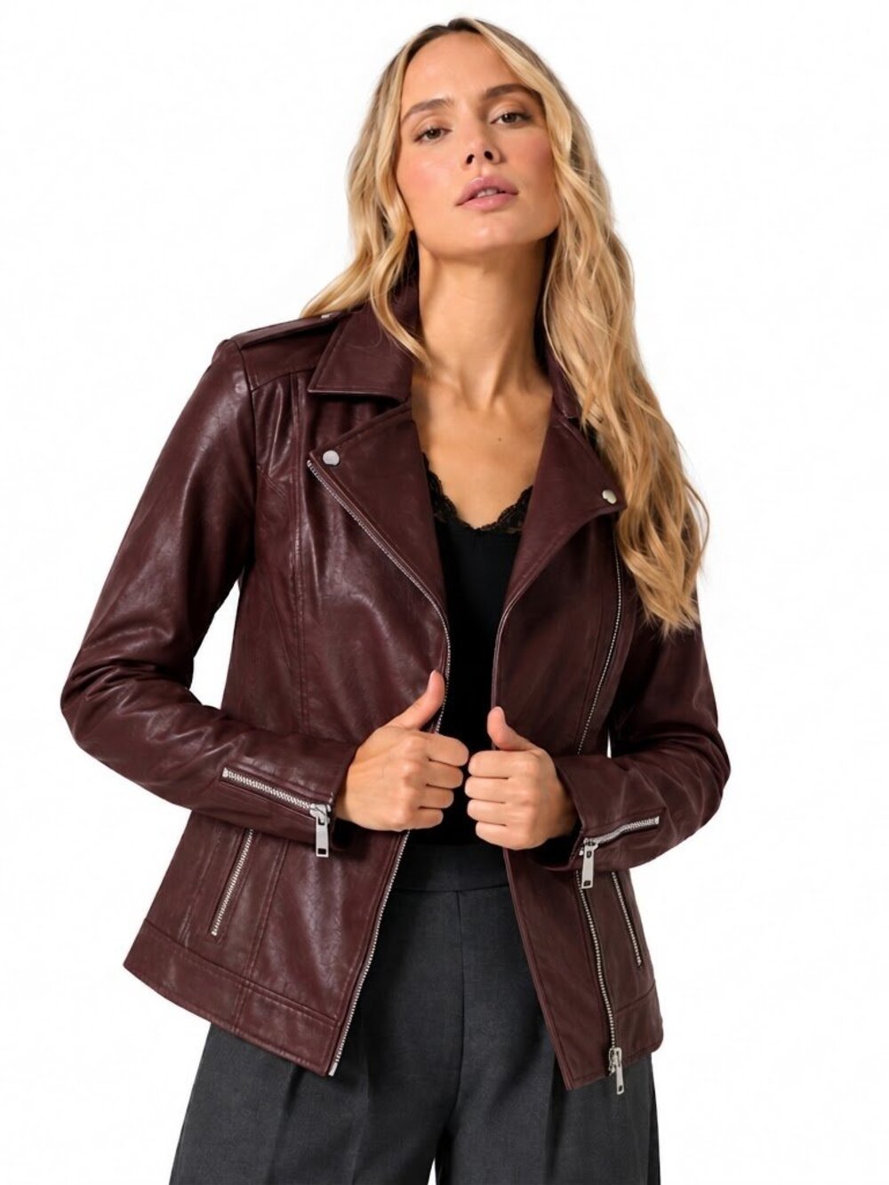 Long Tall Sally Asymmetric Faux Leather Biker Jacket Burgundy 10